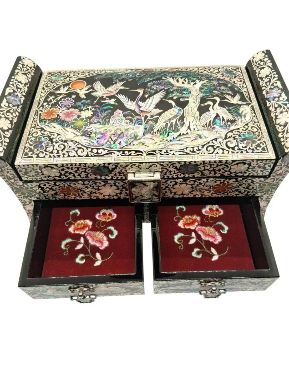 Elegant Mother-Of-Pearl Inlay Asian Jewelry Box Lacquered W Crane & Floral NWOB